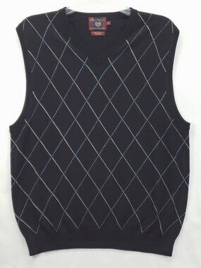 Byron Nelson Sweater Vest Mens XL Black Knit Silk Argyle V-Neck Pullover